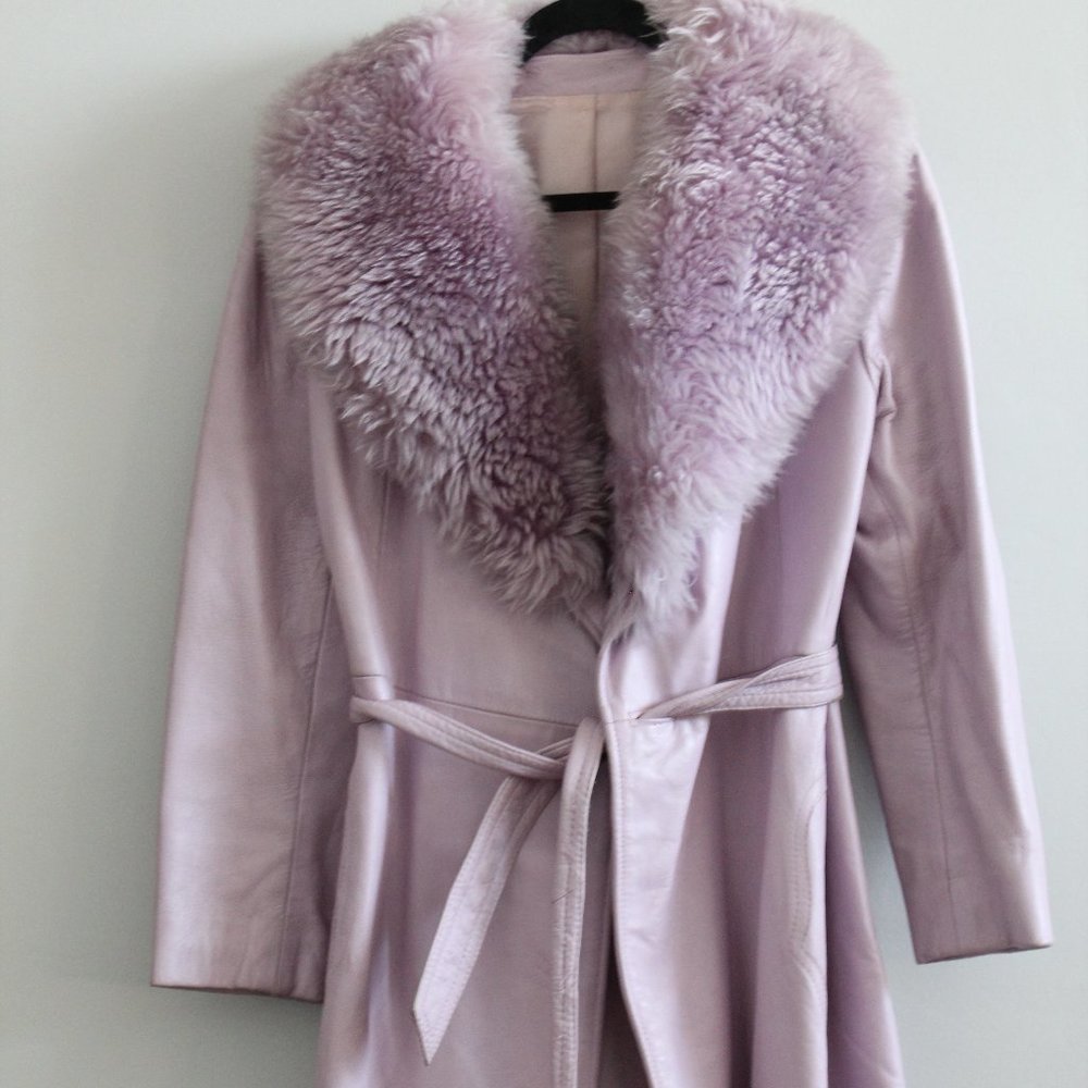 Mid Century Lavender Leather Coat W/ Simulated Fur Collar